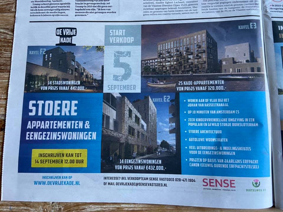 Advertentie start verkoop De Vrije Kade